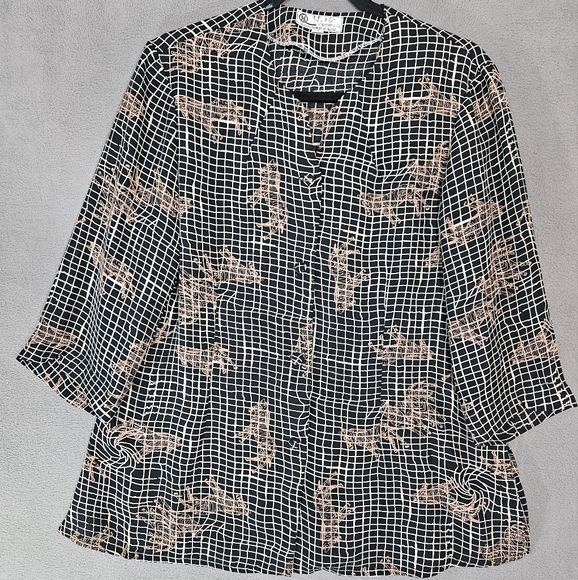 unbrand Tops - Vintage 80s Asian Design Womens XXL Button Up Shirt Zebra Black Check